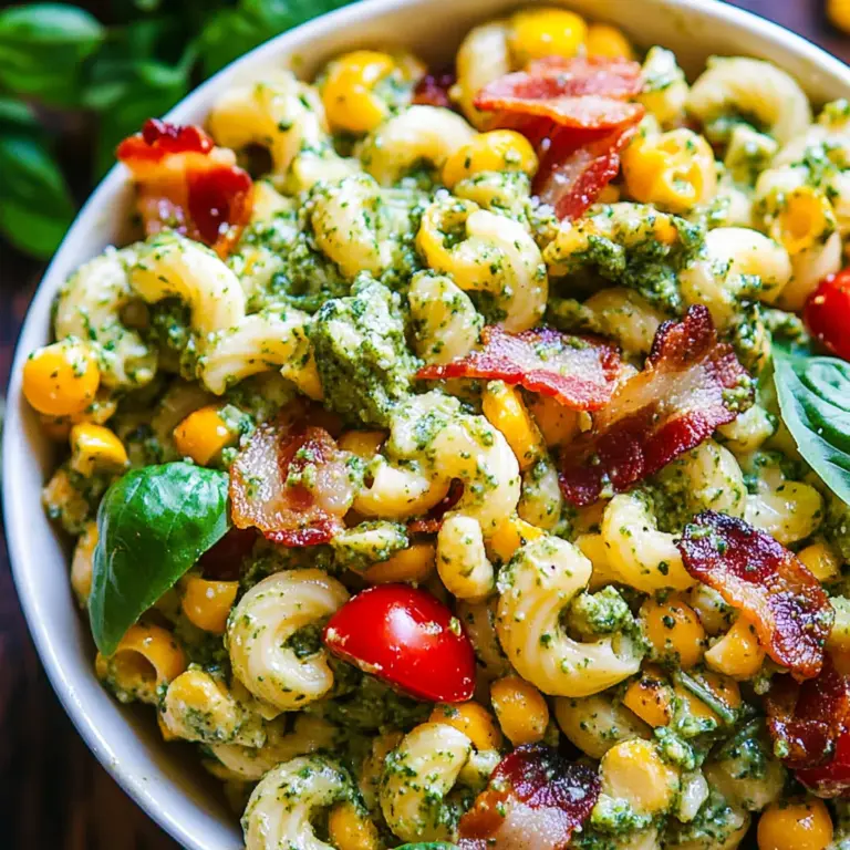 Corn Pasta Salad with Turkey Bacon and Creamy Pesto Dressing