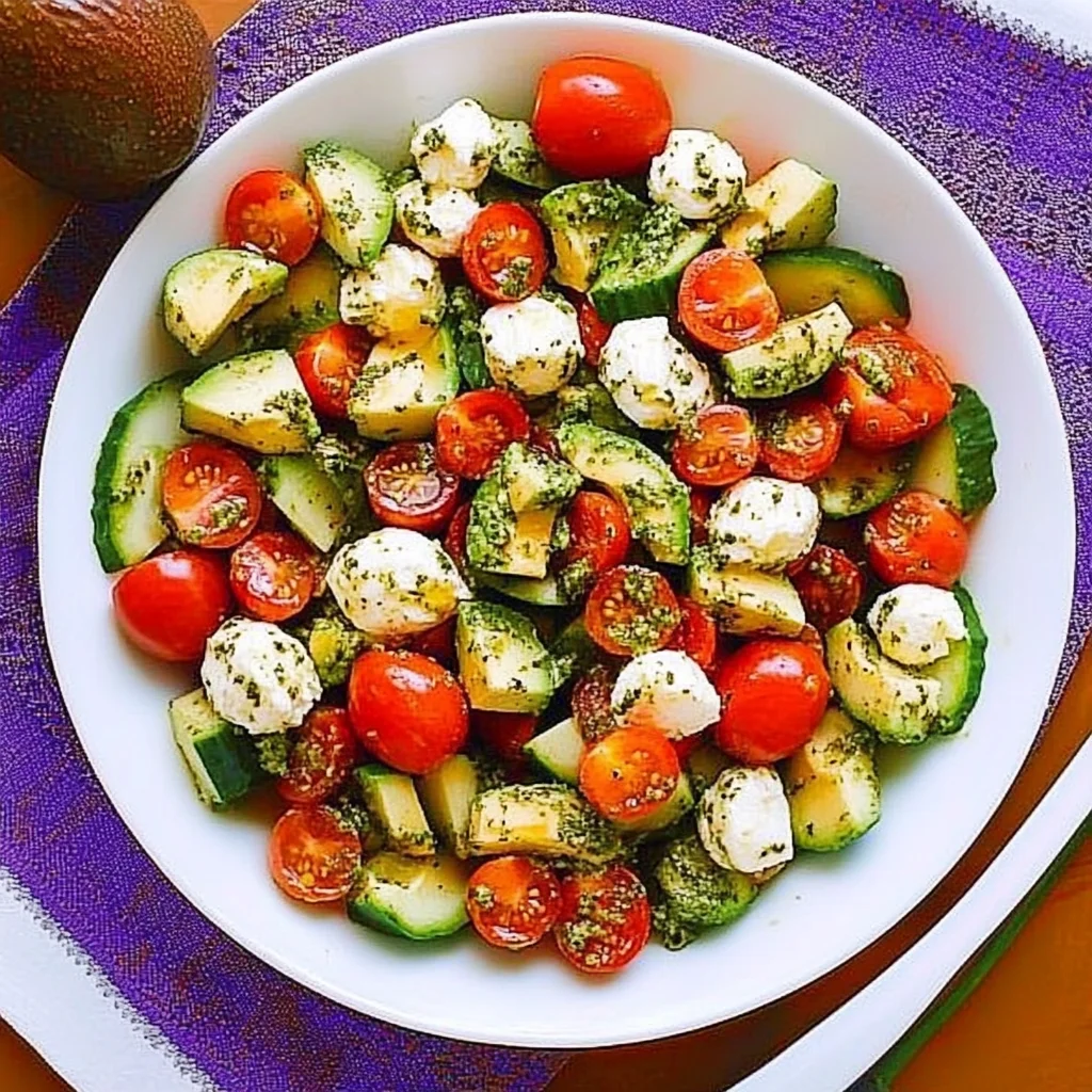 Tomato Cucumber Avocado Salad with Mozzarella and Basil Pesto