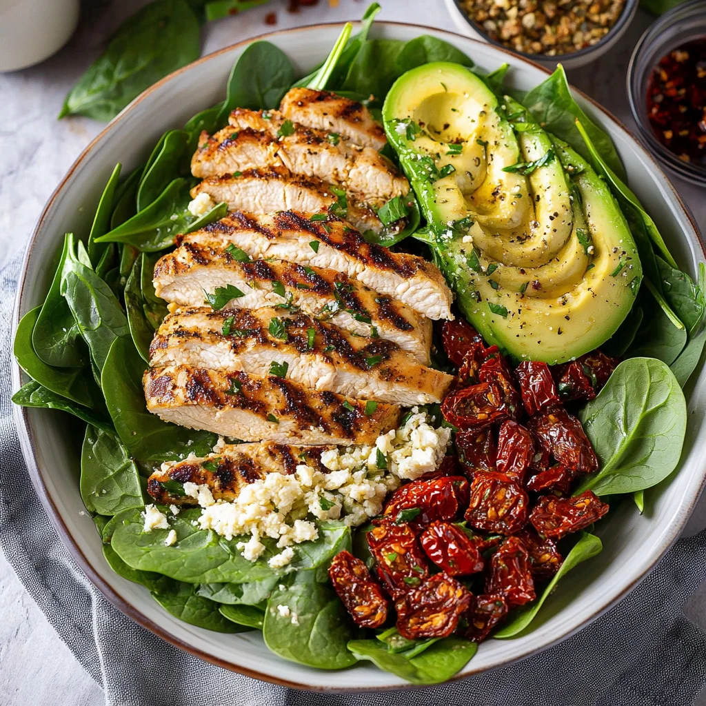 Grilled Chicken Sun Dried Tomato and Avocado Spinach Salad
