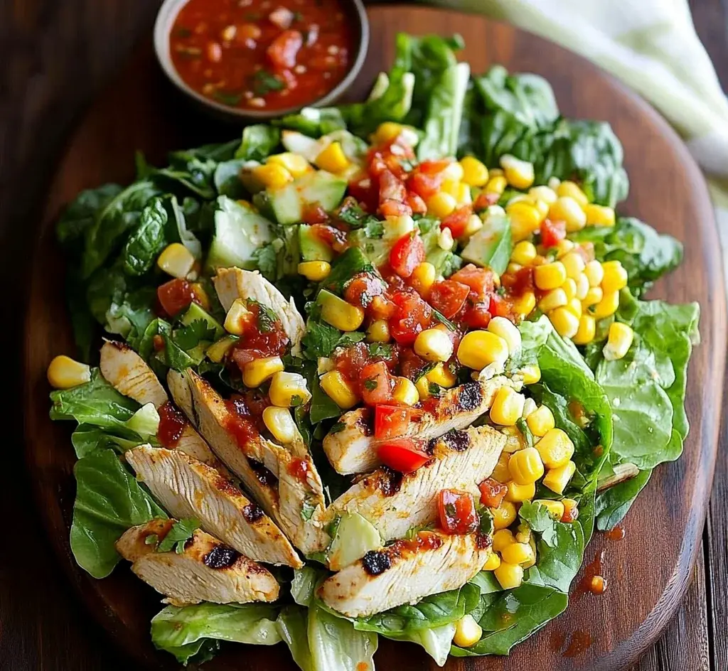 Grilled Romaine, Corn and Chicken Salad with Salsa Dressing