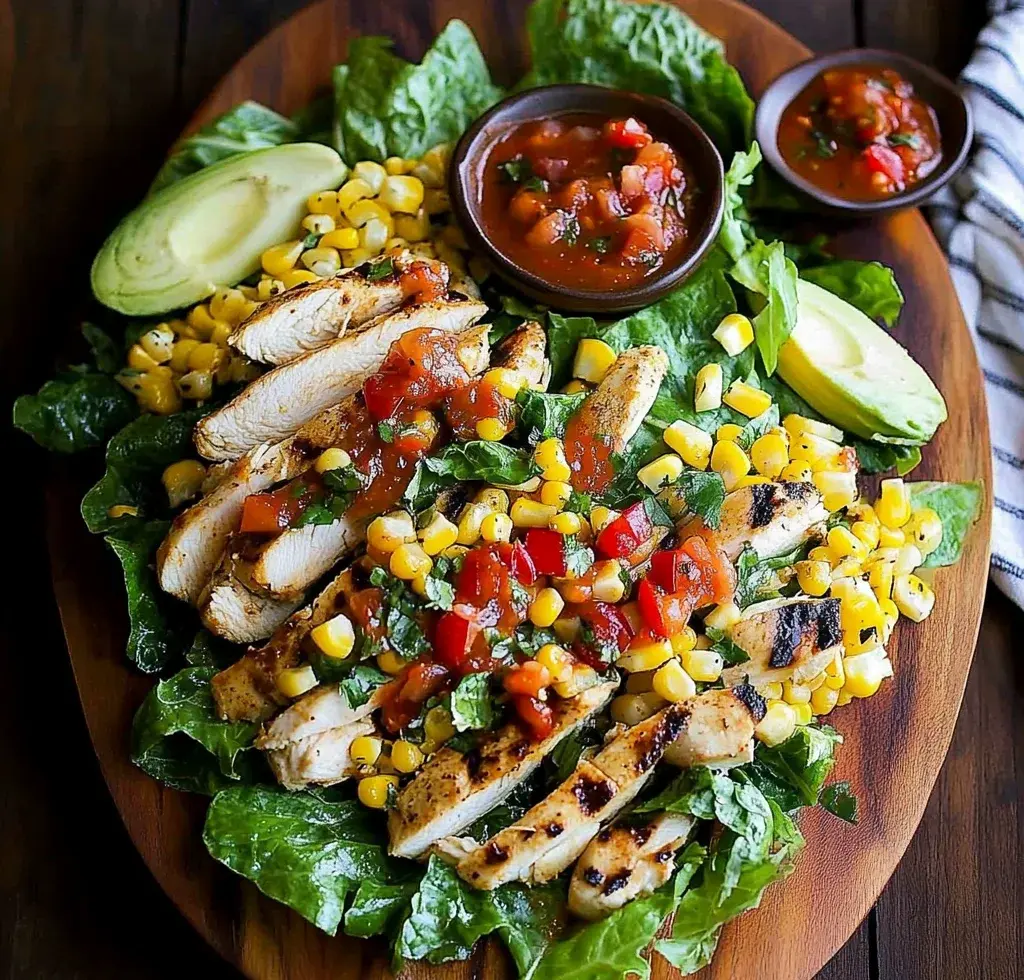 Grilled Romaine, Corn and Chicken Salad with Salsa Dressing
