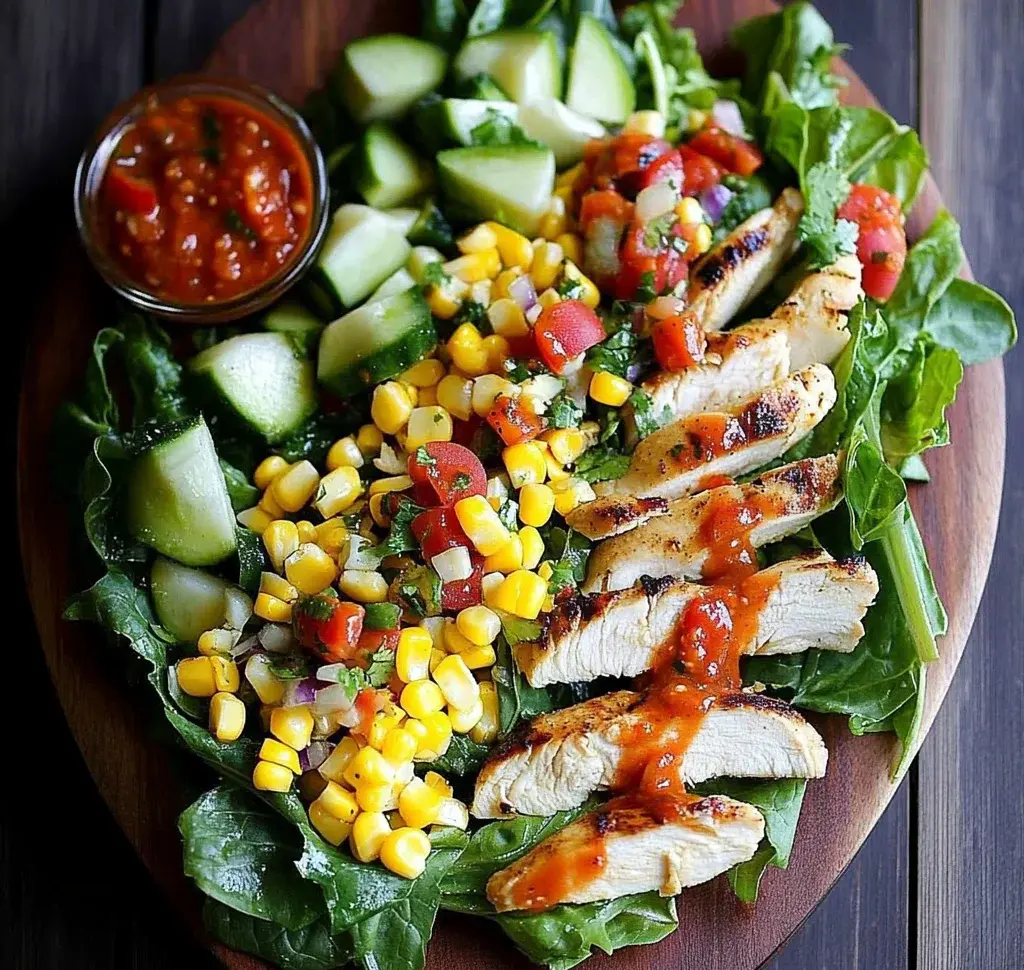 Grilled Romaine, Corn and Chicken Salad with Salsa Dressing