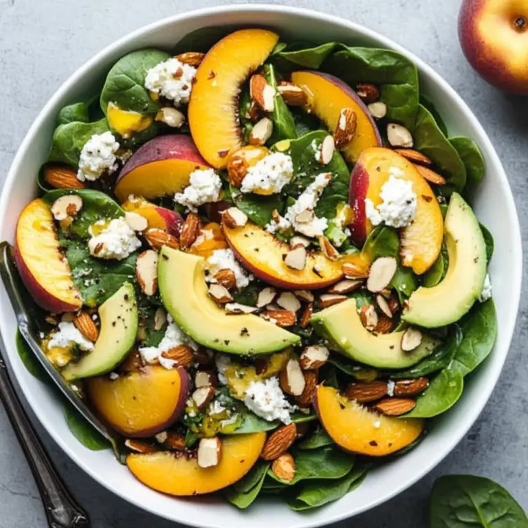 Summer Peach Spinach Salad with Avocado, Toasted Almonds + Goat Cheese