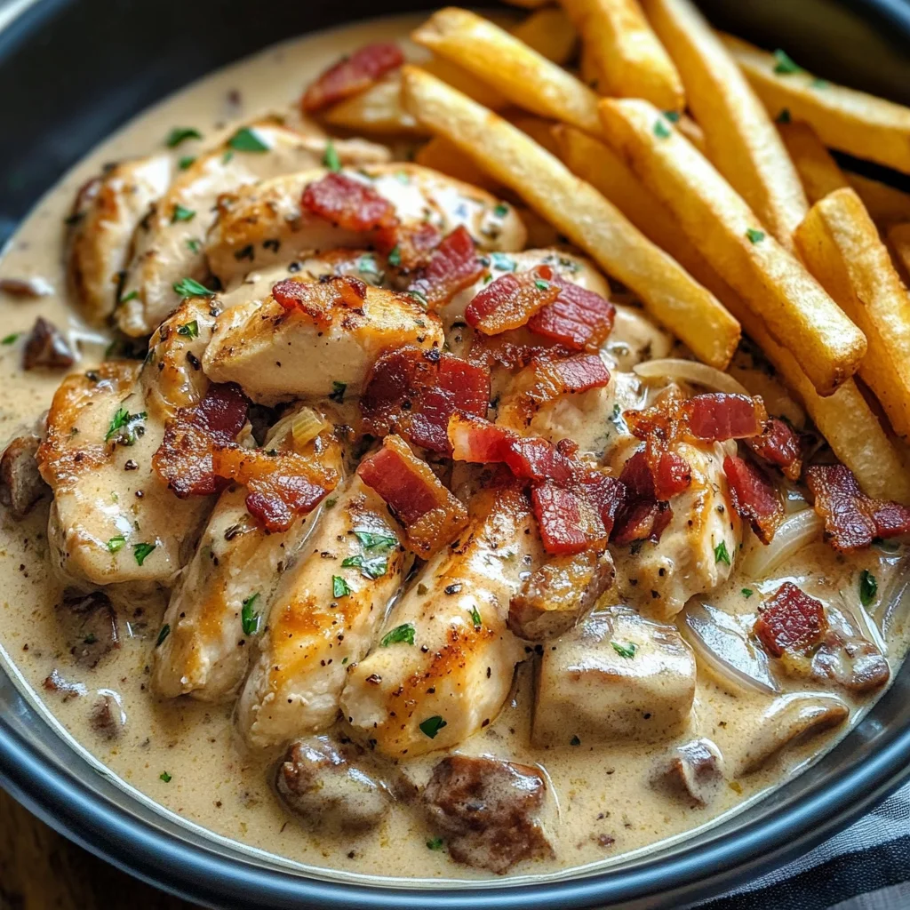Creamy Chicken Bacon Stroganoff with Golden Fries