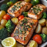 Garlic Butter Salmon with Roasted Veggies & Baby Potatoes