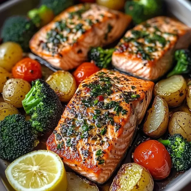 Garlic Butter Salmon with Roasted Veggies & Baby Potatoes