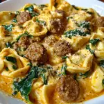 Creamy Tortellini Pasta with Beef, Spinach & Italian Sausage