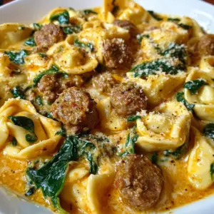 Creamy Tortellini Pasta with Beef, Spinach & Italian Sausage