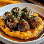Enjoy Irresistible beef Meatballs with Sweet Potato Mash & Bourbon-Maple Sauce
