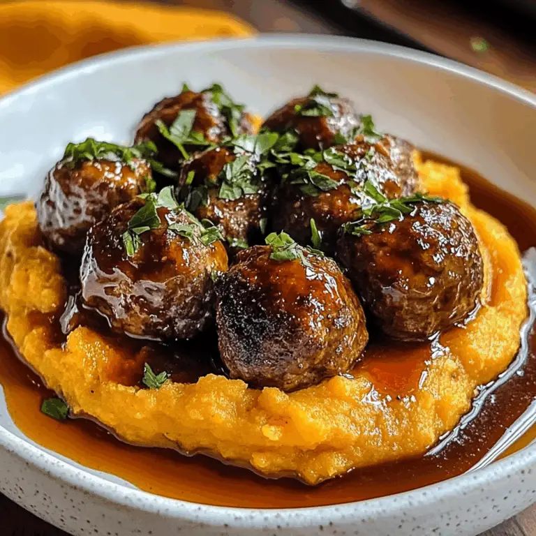 Enjoy Irresistible beef Meatballs with Sweet Potato Mash & Bourbon-Maple Sauce