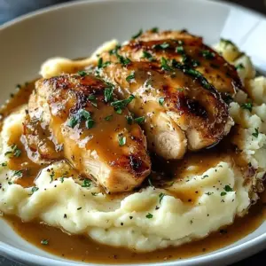 Chicken and Garlic Gravy with Cheesy Mashed Potatoes