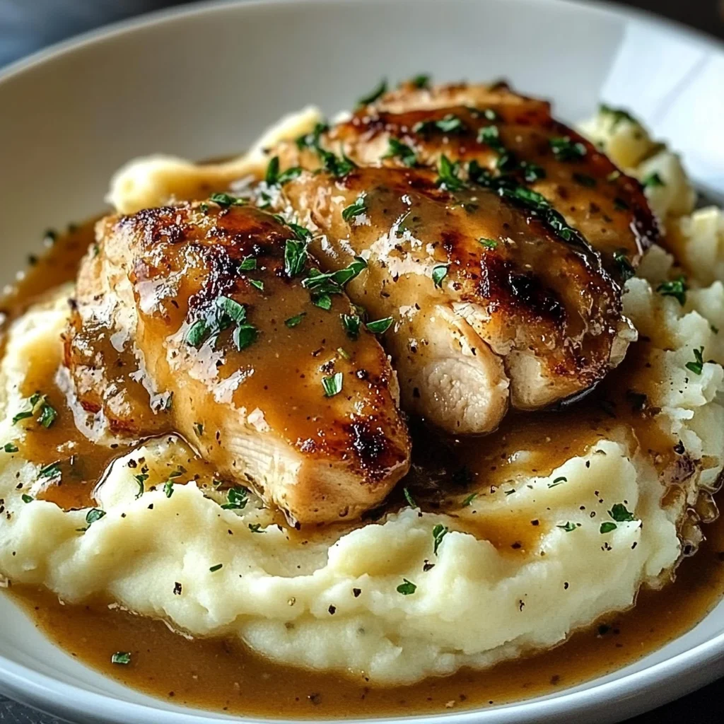 Chicken and Garlic Gravy with Cheesy Mashed Potatoes