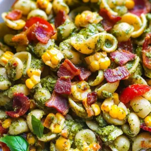 Corn Pasta Salad with Turkey Bacon and Creamy Pesto Dressing