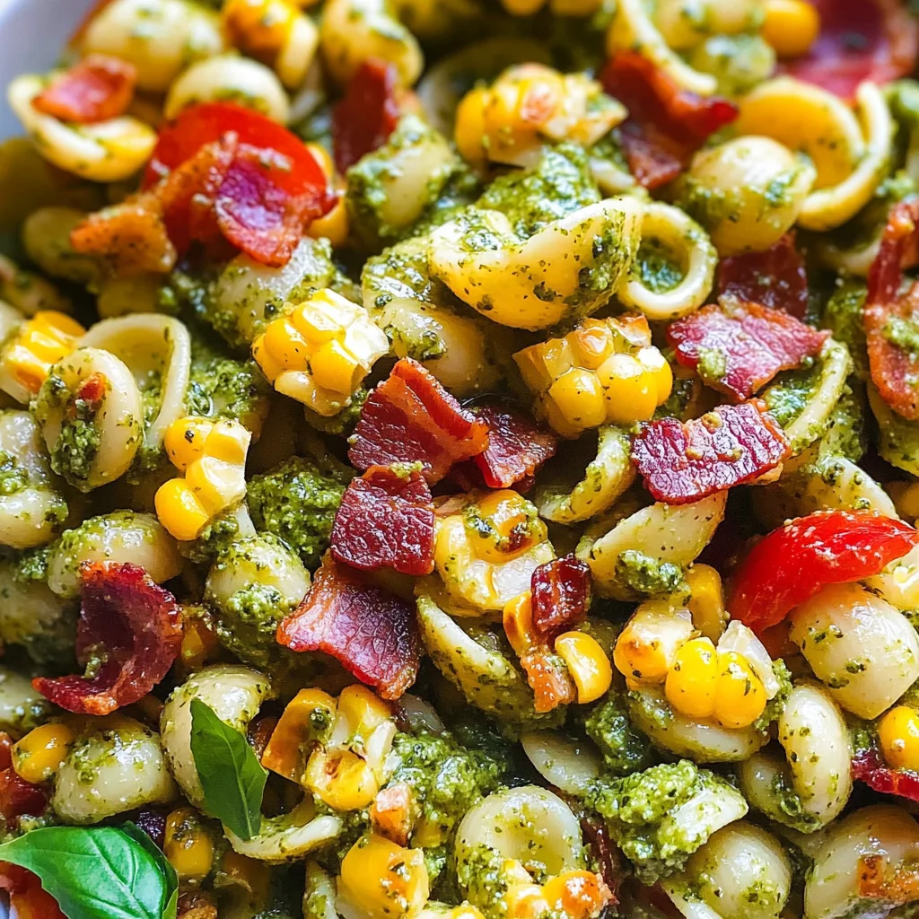 Corn Pasta Salad with Turkey Bacon and Creamy Pesto Dressing