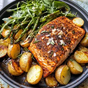 Lemon Brown Butter Salmon and Potatoes with Parmesan Asparagus