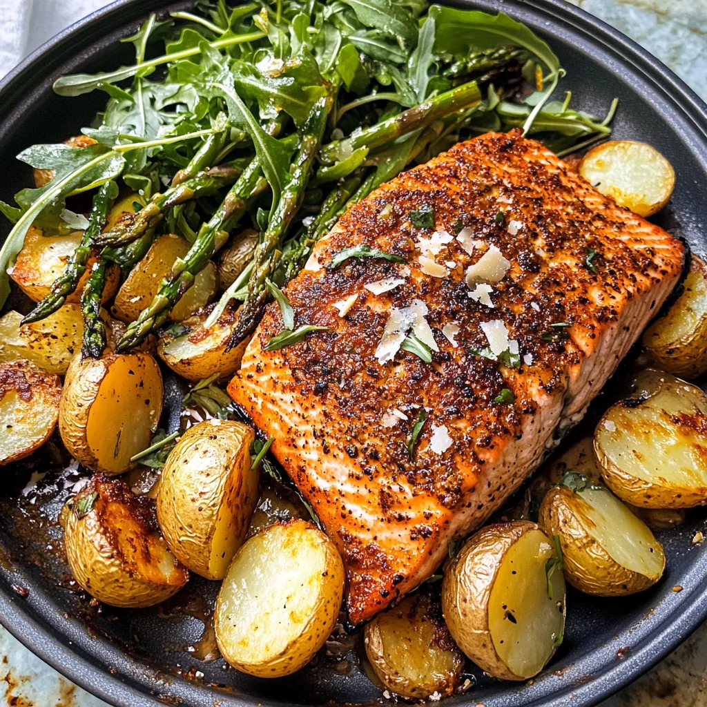 Lemon Brown Butter Salmon and Potatoes with Parmesan Asparagus
