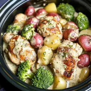 Slow Cooker Creamy Garlic Chicken and Veggies