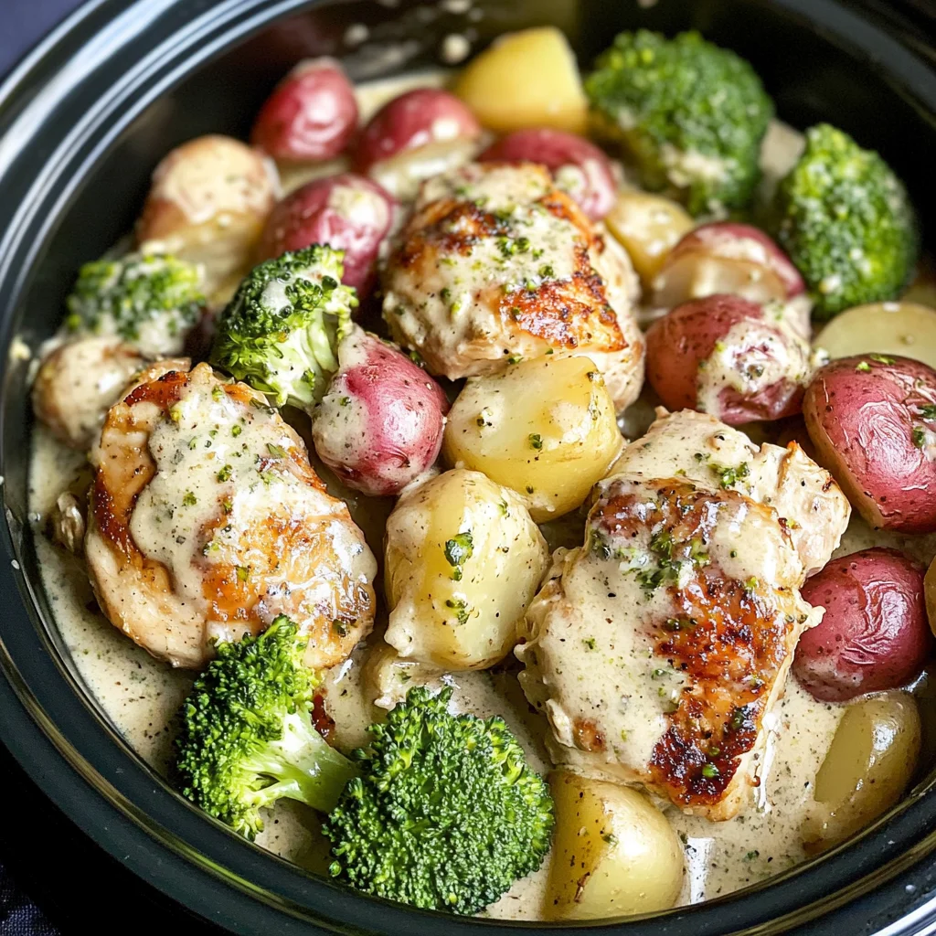 Slow Cooker Creamy Garlic Chicken and Veggies