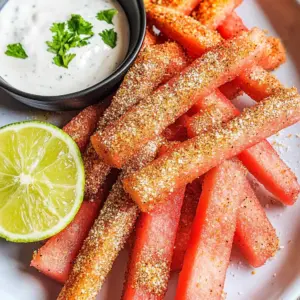 Spicy Watermelon Fries with Coconut Lime Dipping Sauce